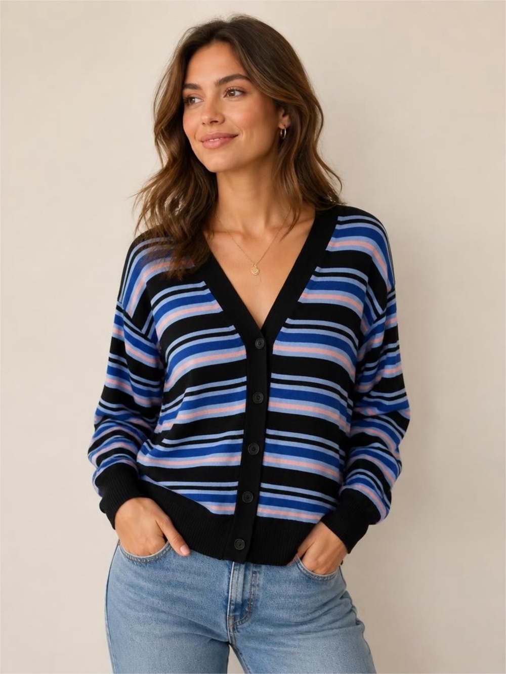 Marni x Uniqlo Black, Blue & Pink Striped V‑Neck Button Cardigan Sz M wool blend